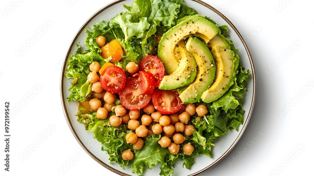 Fresh avocado, chickpea, and tomato salad on a bed of crisp greens Fresh avocado, chickpea, and tomato salad on a bed of crisp greens