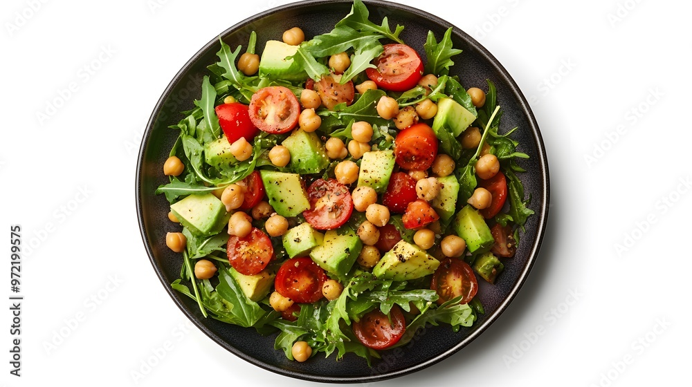 Fresh chickpea salad with cherry tomatoes, cucumbers, and arugula Fresh chickpea salad with cherry tomatoes, cucumbers, and arugula