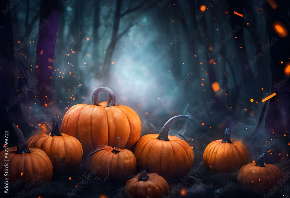 A Halloween pumpkin in a mystical forest with tiny glowing particles floating around. Halloween concept. A Halloween pumpkin in a mystical forest with tiny glowing particles floating around. Halloween concept.