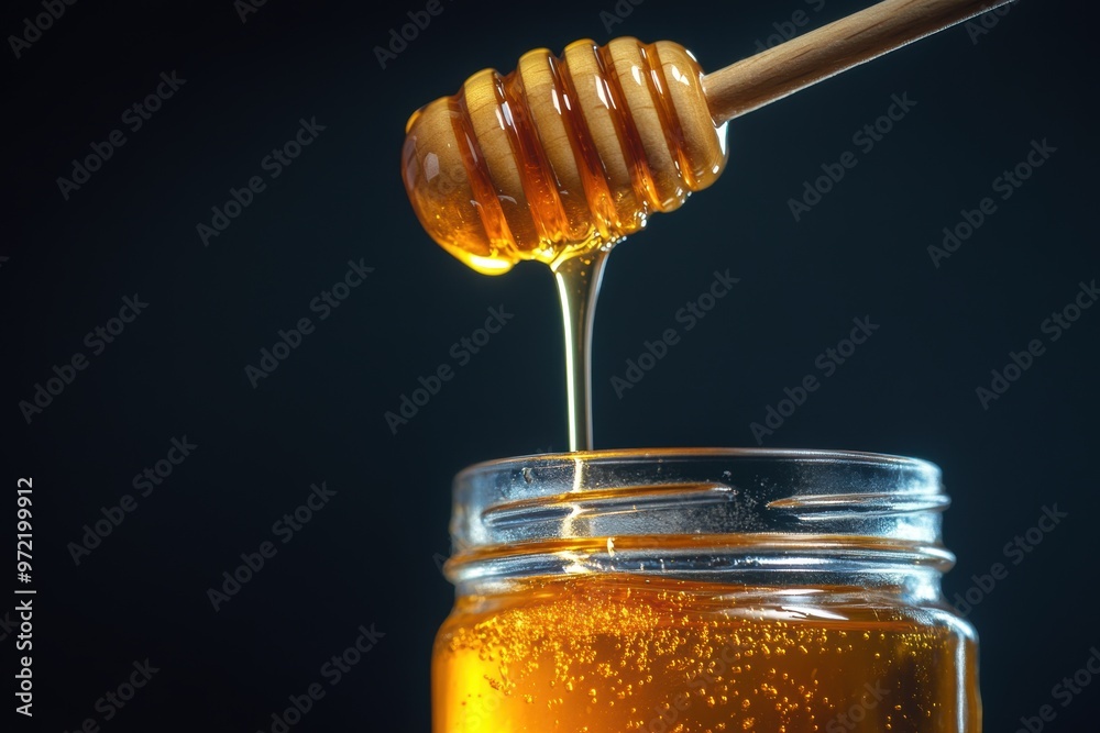 Honey dripping from a wooden dipper into a glass jar Honey dripping from a wooden dipper into a glass jar