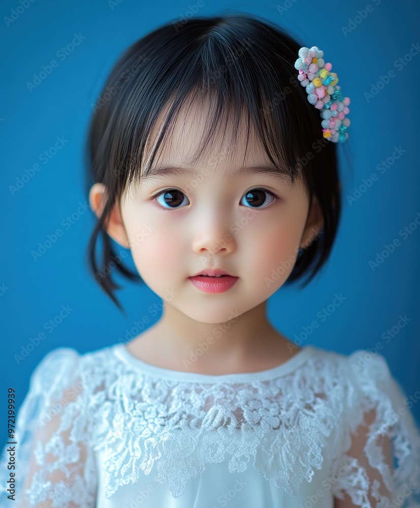 A young girl wearing a white dress and a colorful headband A young girl wearing a white dress and a colorful headband