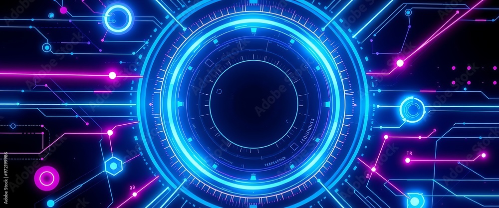 Vibrant digital circuitry with glowing blue and pink lines creating an abstract futuristic design on a dark background Vibrant digital circuitry with glowing blue and pink lines creating an abstract futuristic design on a dark background