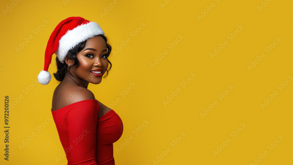 African woman smiling in christmas wear and santa claus hat isolated on pastel African woman smiling in christmas wear and santa claus hat isolated on pastel