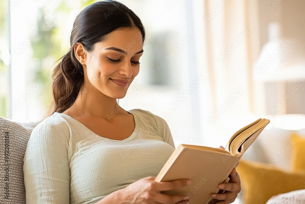 pregnant indian woman sitting on sofa reading book