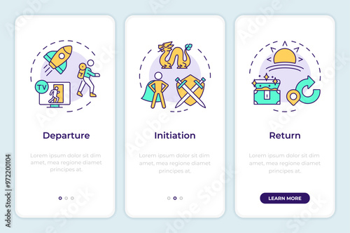 Hero journey narrative onboarding mobile app screen. Walkthrough 3 steps editable graphic instructions with linear concepts. UI, UX, GUI template. Montserrat SemiBold, Regular fonts used