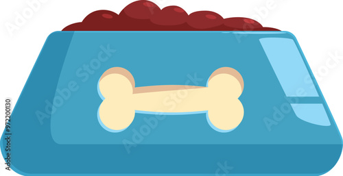 Blue dog bowl full of food with a bone symbol, isolated on white background