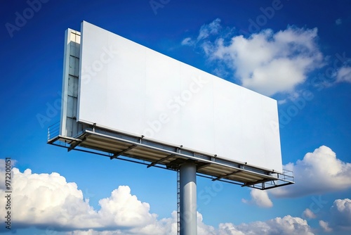 Blank white billboard on highway at tilted angle under blue sky