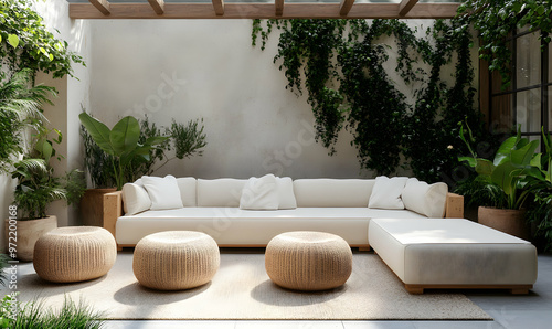 Relaxing patio with a white sectional sofa, rattan ottomans, and green plants.