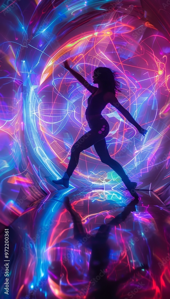 Futuristic dance vibes a human performer moves to deep tech house in a neon lit club atmosphere Futuristic dance vibes a human performer moves to deep tech house in a neon lit club atmosphere