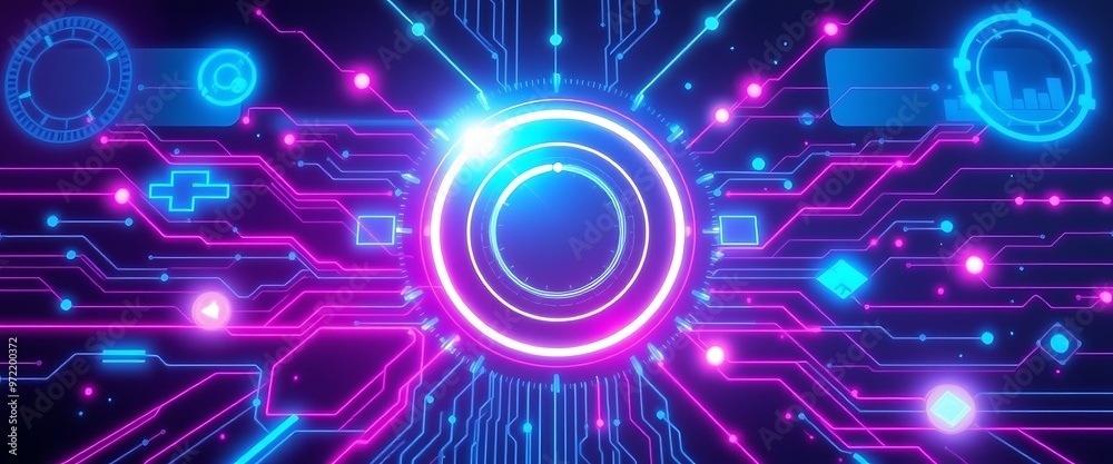 Obraz premium Bright digital circuits and glowing icons represent technology and innovation in a futuristic design at night