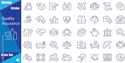 Insurance icon set with editable stroke. Insurance and assurance thin line icon collection. Vector illustration