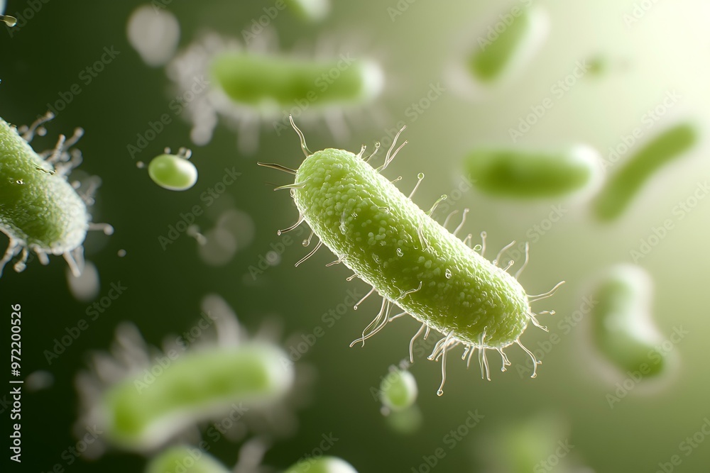 Fototapeta premium Microscopic Exploration of Prebiotic and Probiotic Interactions, A detailed view of the unseen world of microorganisms and their relationships.
