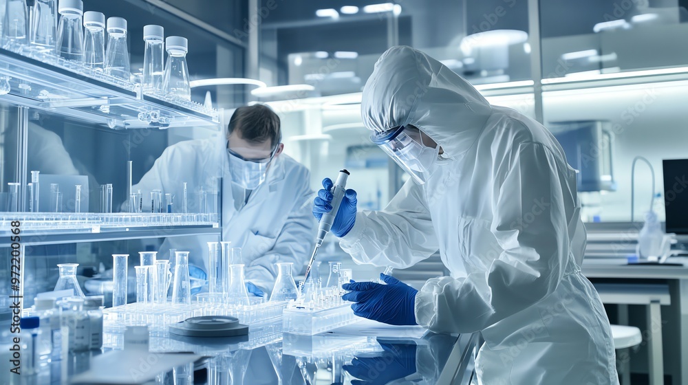 Fototapeta premium Two scientists in lab coats and protective gear working with beakers and test tubes in a lab.