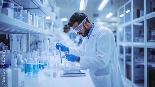 A scientist in a lab coat and safety glasses carefully uses a pipette to transfer liquid in a lab setting.