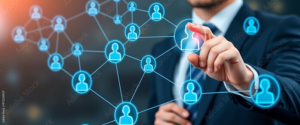 Business professional interacting with digital network connections in a modern office during the evening Business professional interacting with digital network connections in a modern office during the evening