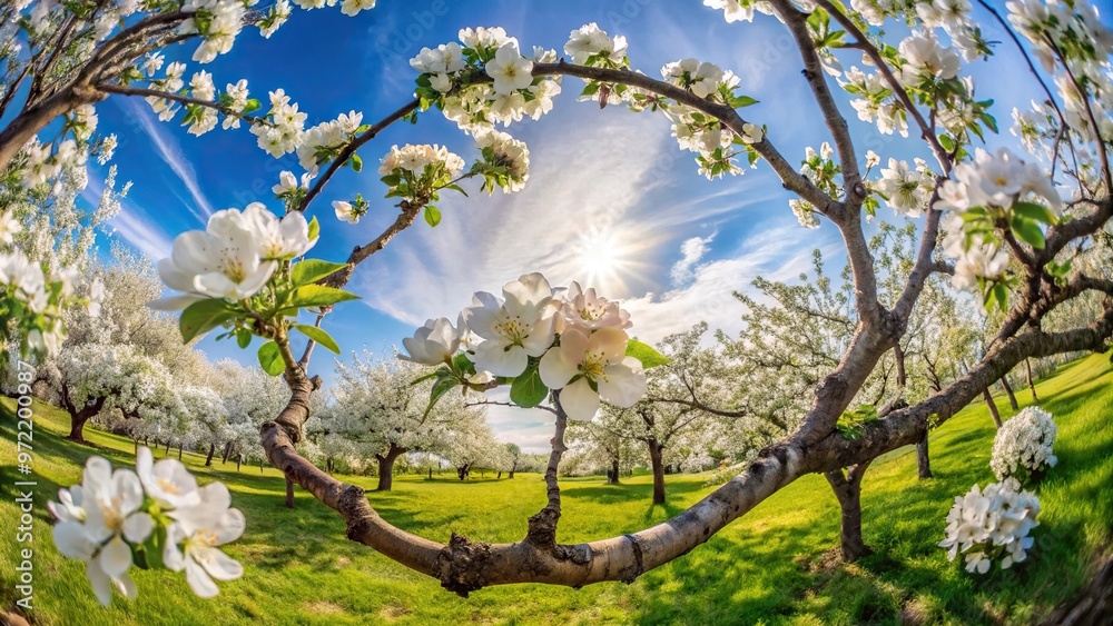Fototapeta premium Blooming apple tree branch in spring garden with fisheye lens effect