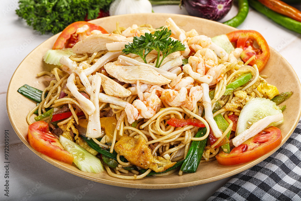 Fried noodles with prawn and vegetables Fried noodles with prawn and vegetables