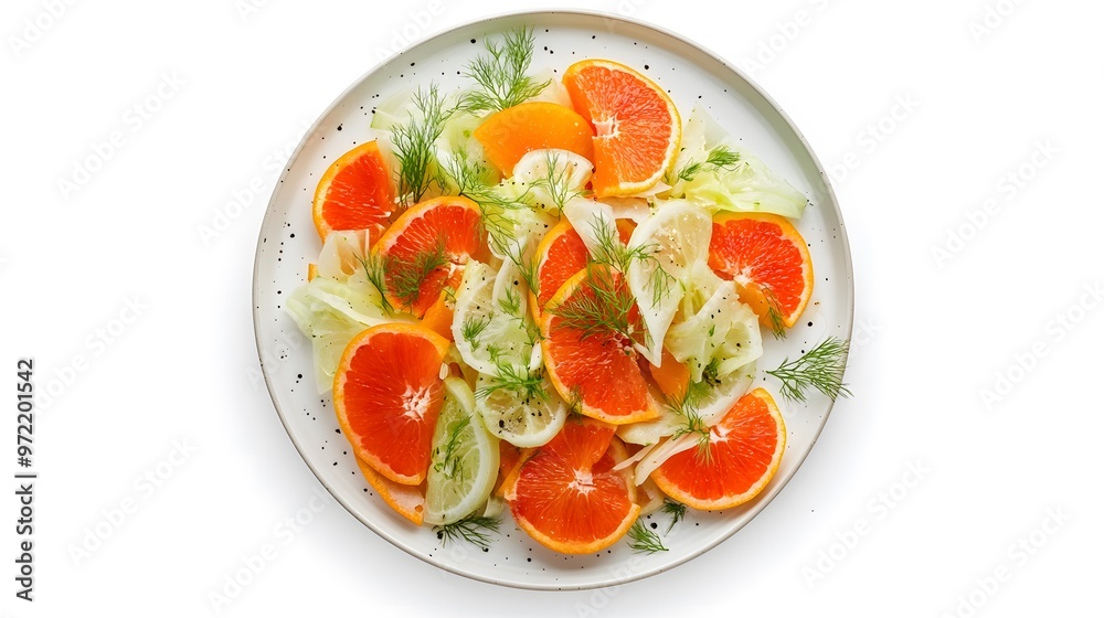 Fresh citrus and fennel salad with dill garnish on a white plate Fresh citrus and fennel salad with dill garnish on a white plate