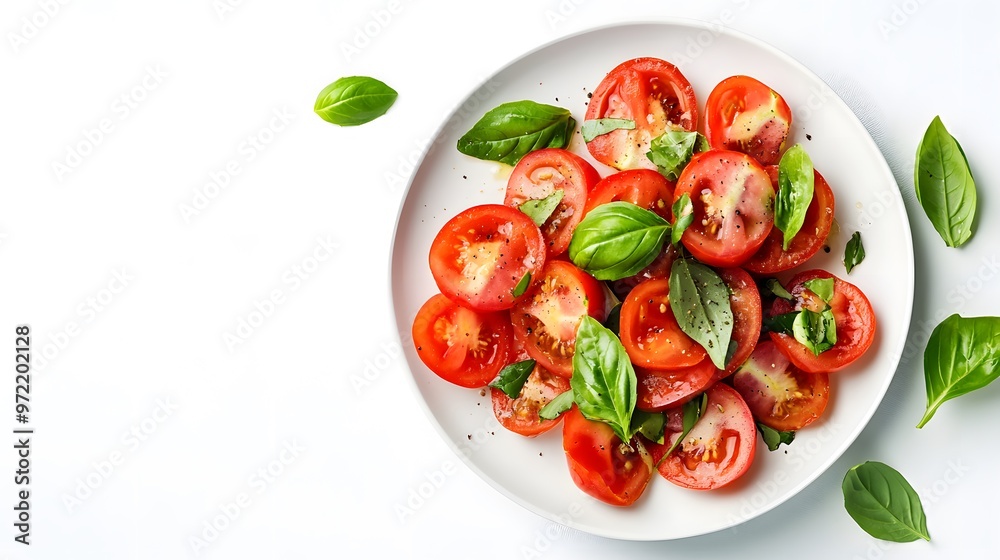 Fresh tomato salad with basil leaves on a white plate Fresh tomato salad with basil leaves on a white plate