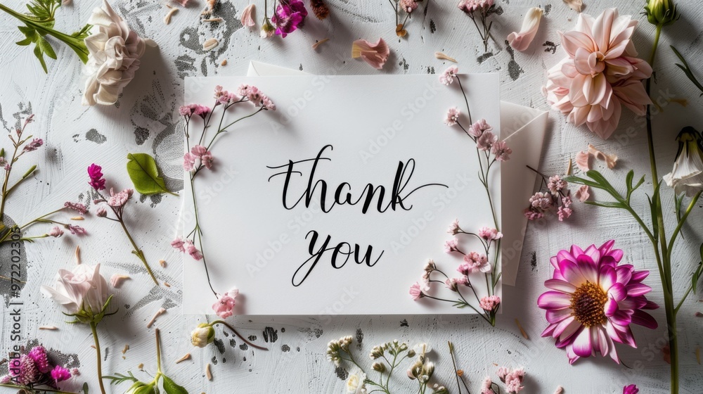 Elegant hand lettered thank you card with exquisite calligraphy text surrounded by delicate flowers on a soft white paper, perfect for expressing gratitude Elegant hand lettered thank you card with exquisite calligraphy text surrounded by delicate flowers on a soft white paper, perfect for expressing gratitude