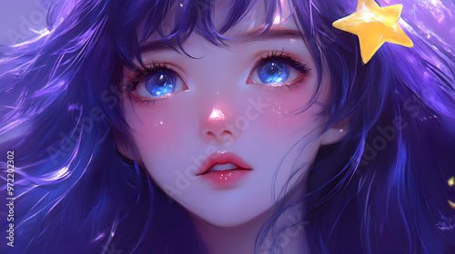 A closeup portrait of an anime girl with blue eyes and a star in her hair. photo