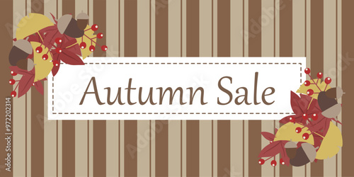 ストライプ背景の秋の紅葉のオータムセール広告デザイン