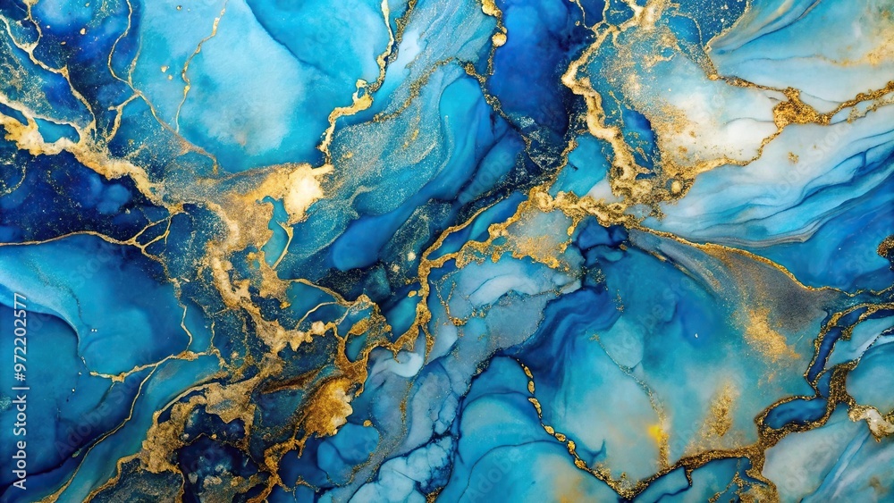 Naklejka premium Blue and gold alcohol ink art marble pattern in a medium shot
