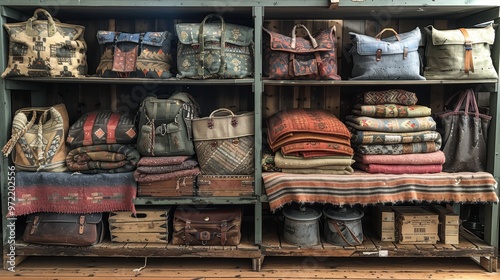 Secondhand Market Display, an assortment of bags and gently used woollen blankets arranged neatly on a shelf, inviting customers to explore unique finds and cozy textiles photo