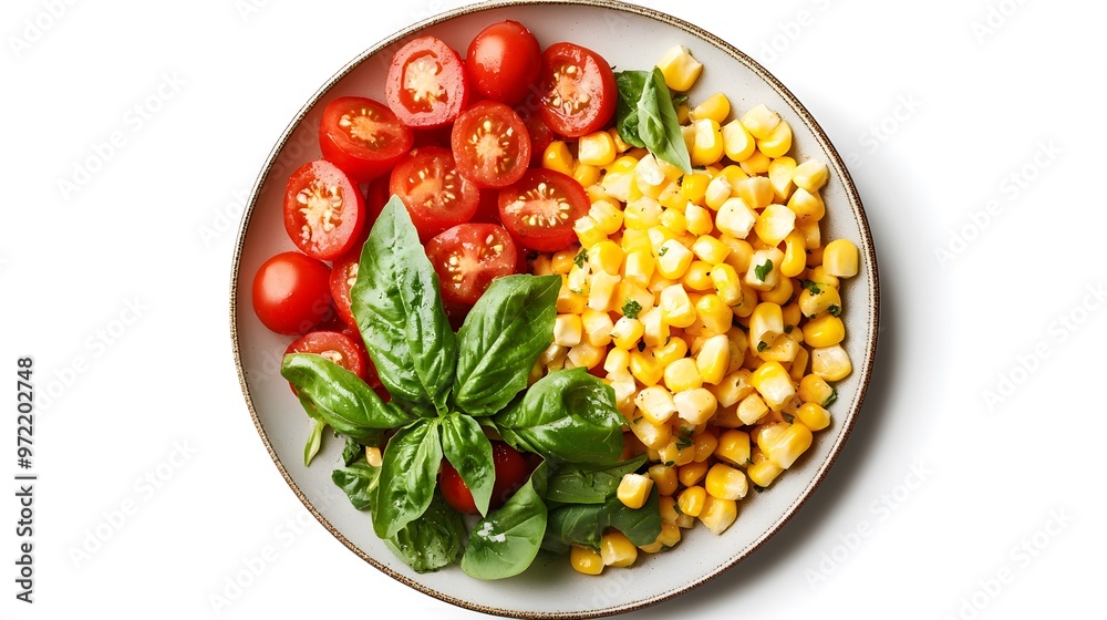 Healthy salad bowl with cherry tomatoes, corn, and fresh basil