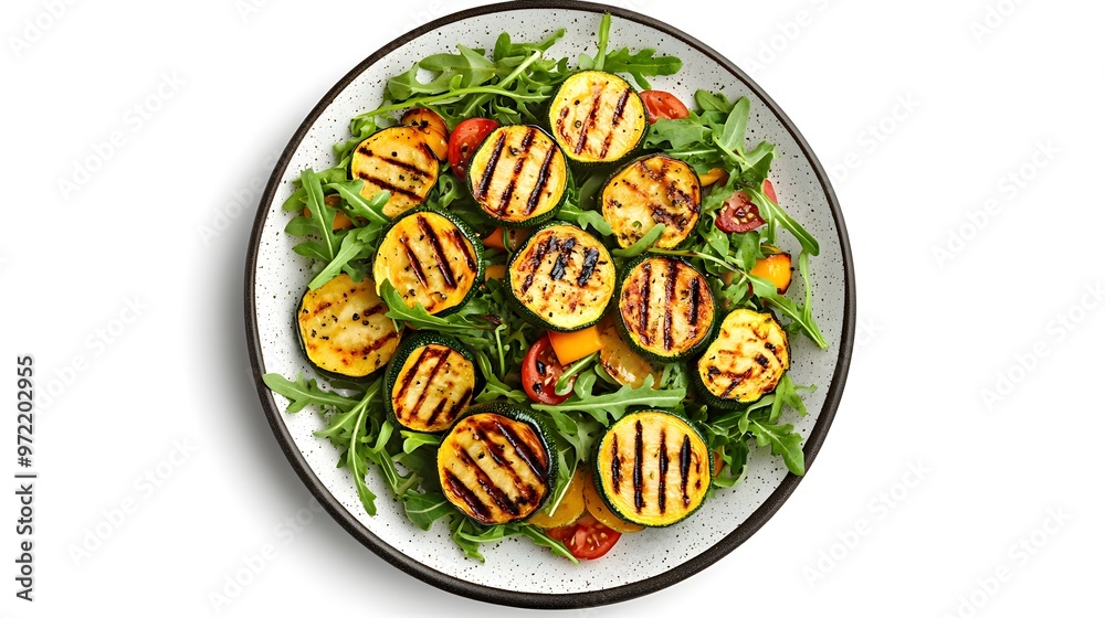 Grilled zucchini and tomato salad with arugula and herbs on a white plate Grilled zucchini and tomato salad with arugula and herbs on a white plate