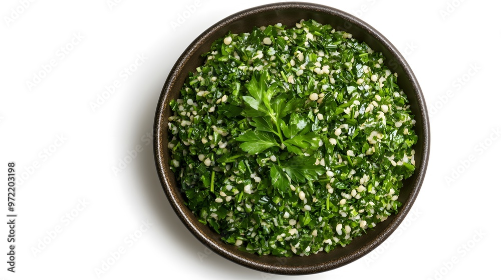 Fresh tabbouleh salad with parsley and bulgur on a rustic plate