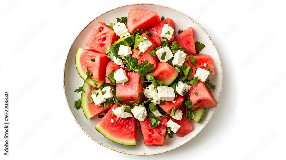 Fresh watermelon salad with feta and herbs on a white plate Fresh watermelon salad with feta and herbs on a white plate
