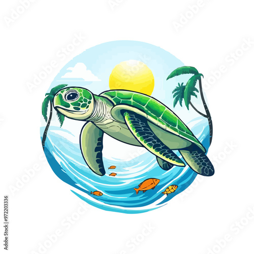 turtle with beach background vector illustration. sea world vector logo illustration. cute cartoon sea turtle.