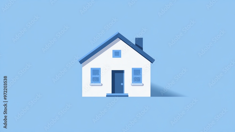 A simple white house with a blue roof and windows, against a light blue background. A simple white house with a blue roof and windows, against a light blue background.