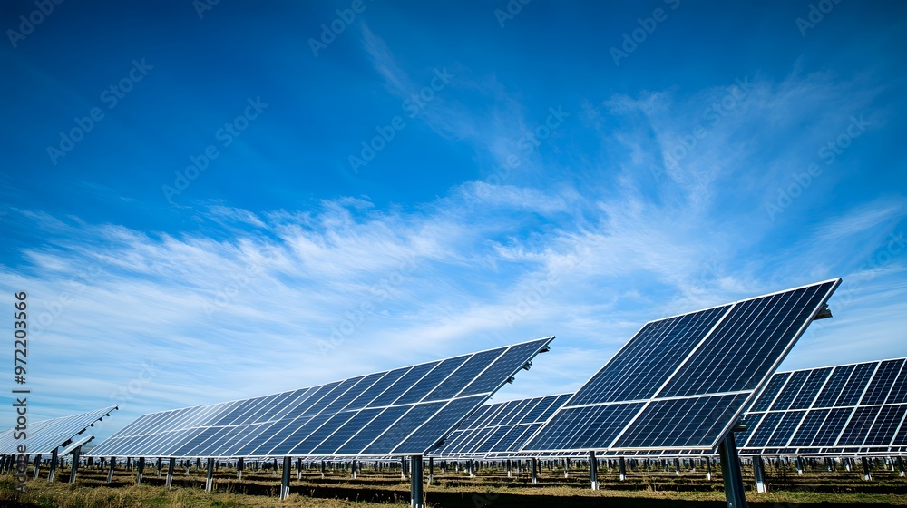 Rows of solar panels at a renewable energy farm, stretching across a wide landscape Rows of solar panels at a renewable energy farm, stretching across a wide landscape