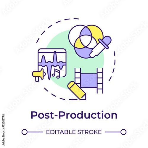 Film post-production multi color concept icon. Movie editing. Visual effects, vfx. Video footage, color correction. Round shape line illustration. Abstract idea. Graphic design. Easy to use