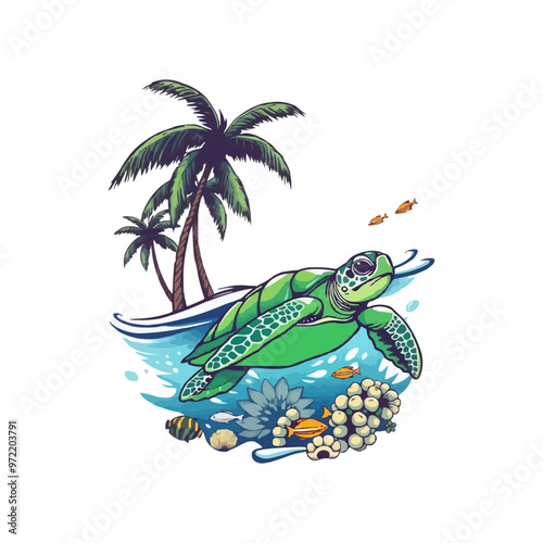 turtle with beach background vector illustration. sea world vector logo illustration. cute cartoon sea turtle.