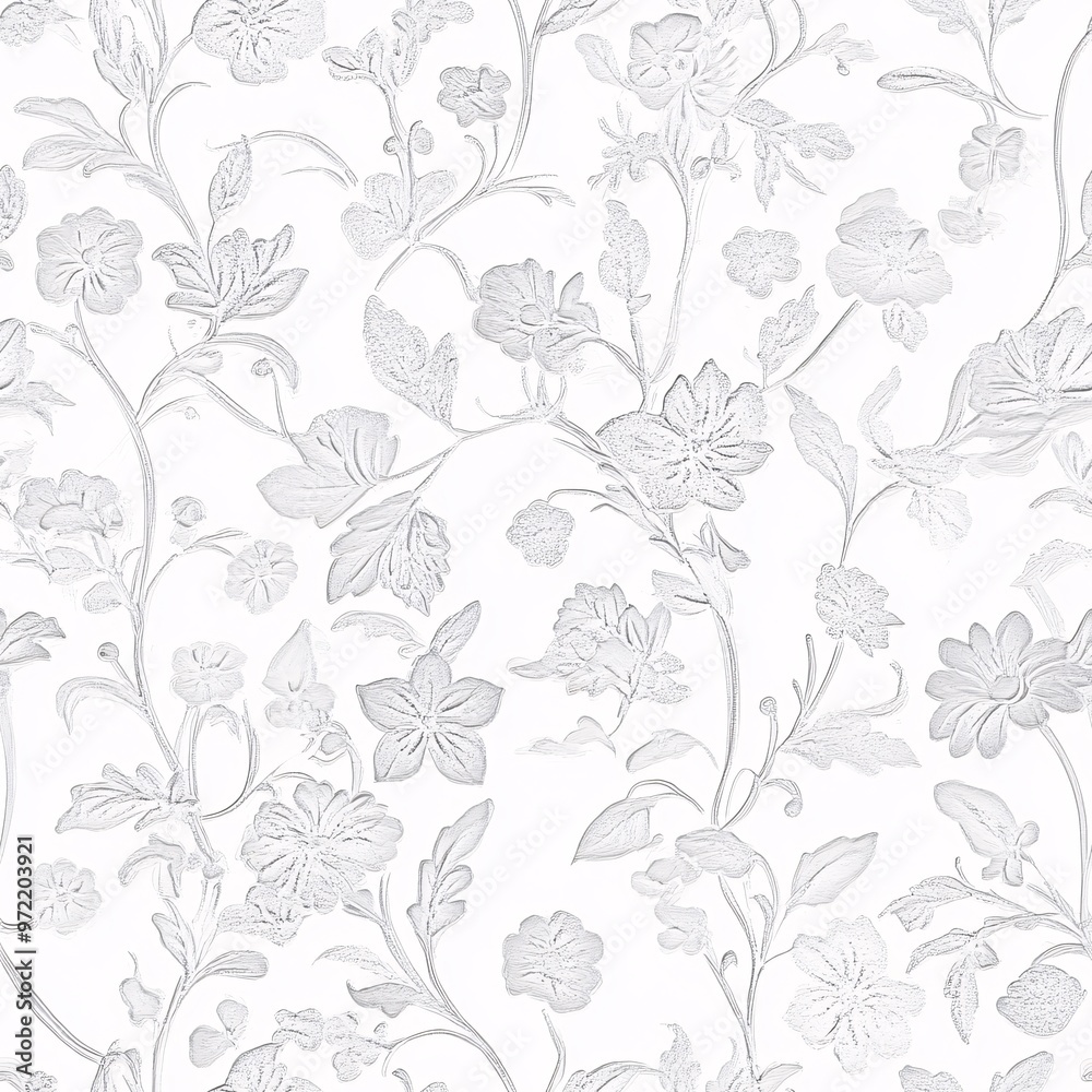 Refined white embossed floral pattern with delicate flowers and leaves Refined white embossed floral pattern with delicate flowers and leaves
