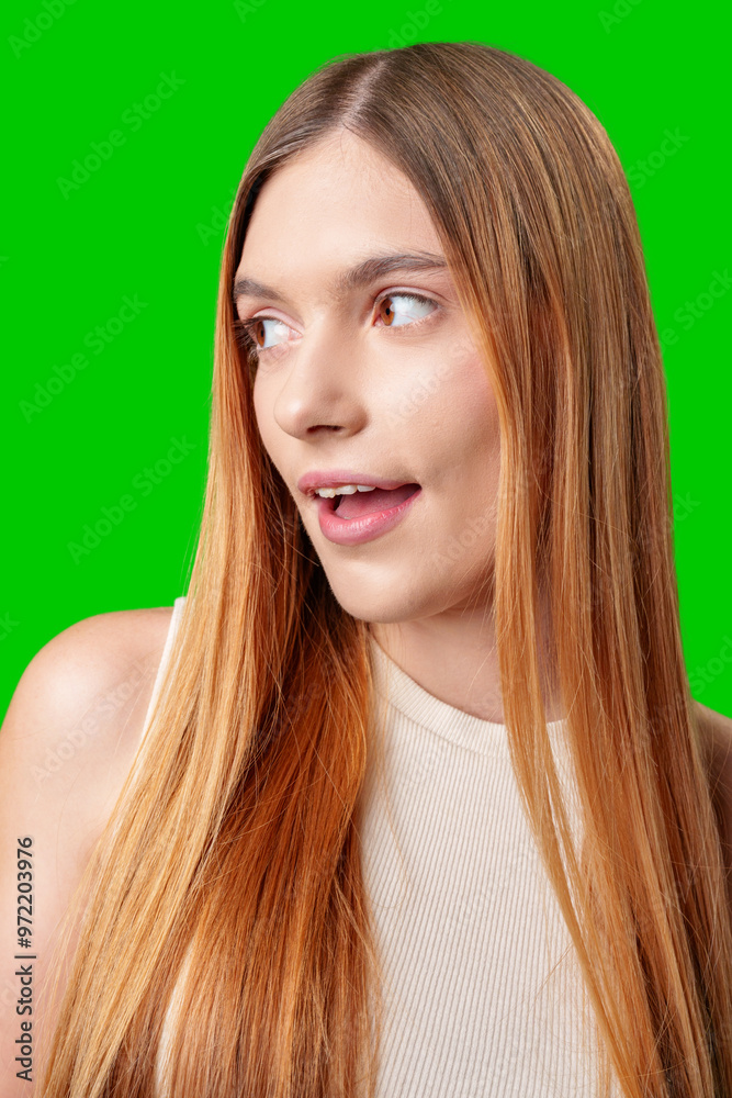 Fototapeta premium Young Woman With Surprised Expression in Front of Green Screen