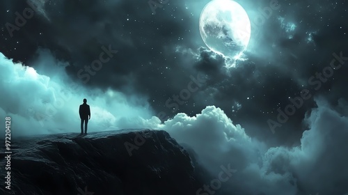 A person stands alone on a cliff under a luminous moon, surrounded by dramatic clouds and a starry sky, evoking contemplation and serenity.