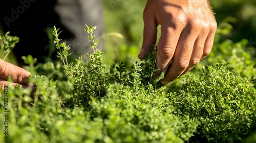 A close-up of organic herbs being harvested by hand
