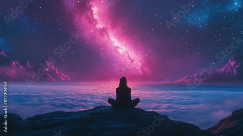 A serene figure contemplates the colorful galaxy above, surrounded by clouds, evoking a sense of wonder and tranquility.