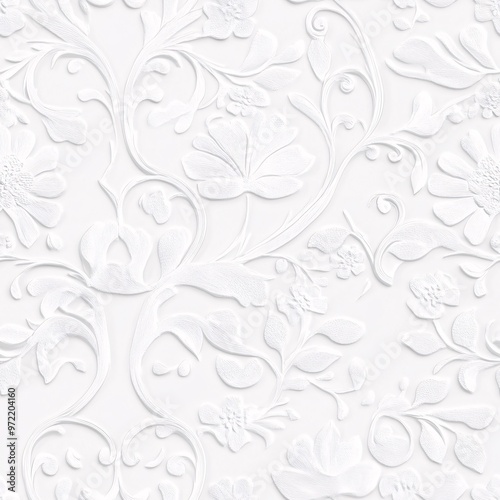 Elegant white embossed floral pattern with intricate flowers and leaves