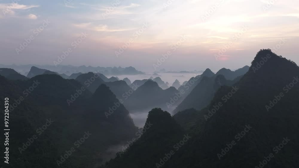 Aerial view of Phong Nam valley in sunrise, rice field in Cao Bang, Vietnam. Nature mountain background.