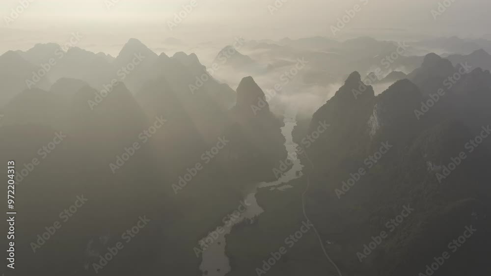 Aerial view of Phong Nam valley in sunrise, rice field in Cao Bang, Vietnam. Nature mountain background.