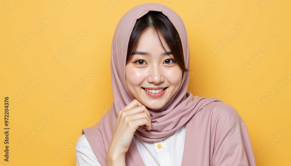 A cheerful woman in a stylish hijab smiles against a vibrant yellow background, showcasing beauty and confidence. A cheerful woman in a stylish hijab smiles against a vibrant yellow background, showcasing beauty and confidence.