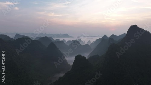 Aerial view of Phong Nam valley in sunrise, rice field in Cao Bang, Vietnam. Nature mountain background. photo