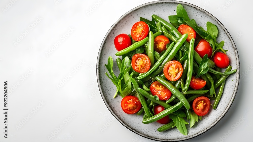 Fresh vegan salad with green beans, cherry tomatoes, and arugula on a plate