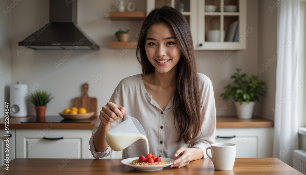 A cheerful woman pours milk over fresh strawberries in a cozy kitchen setting, embodying a joyful breakfast moment. A cheerful woman pours milk over fresh strawberries in a cozy kitchen setting, embodying a joyful breakfast moment.