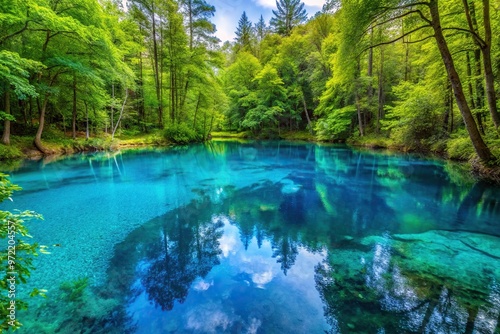 Blue colored water pond covered with forest or woods, crystal clear water, macro